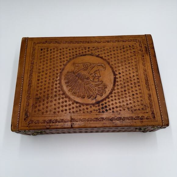 Vintage Tooled Leather Briefcase Attache Eagle Western Design Handle Case